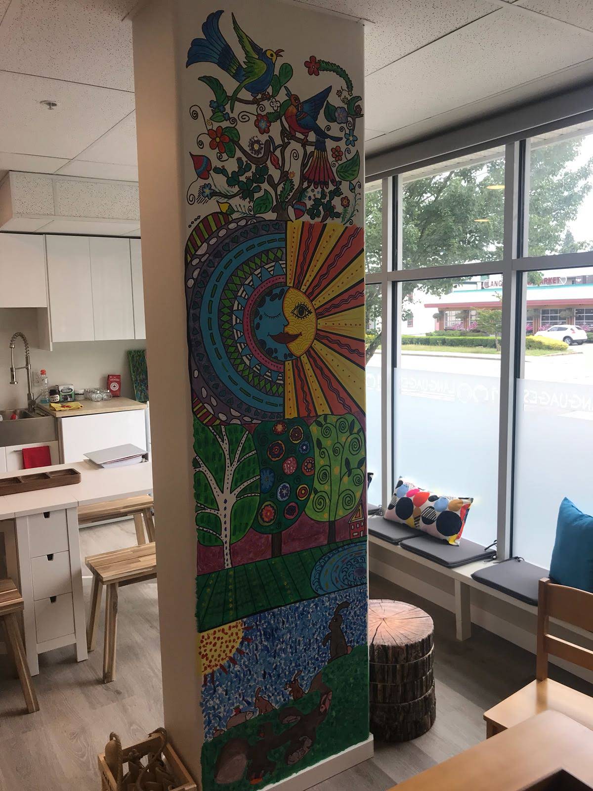 Colorful Spanish-inspired art mural inside Hundred Languages Child Care in Pitt Meadows
